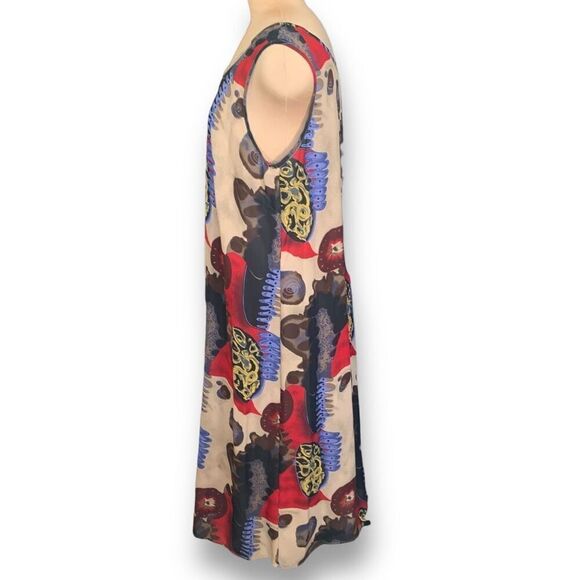 Vintage Dress Maxi Cream Red Brown Printed Abstract Art Sleeveless Scoop Neck - Picture 2 of 10